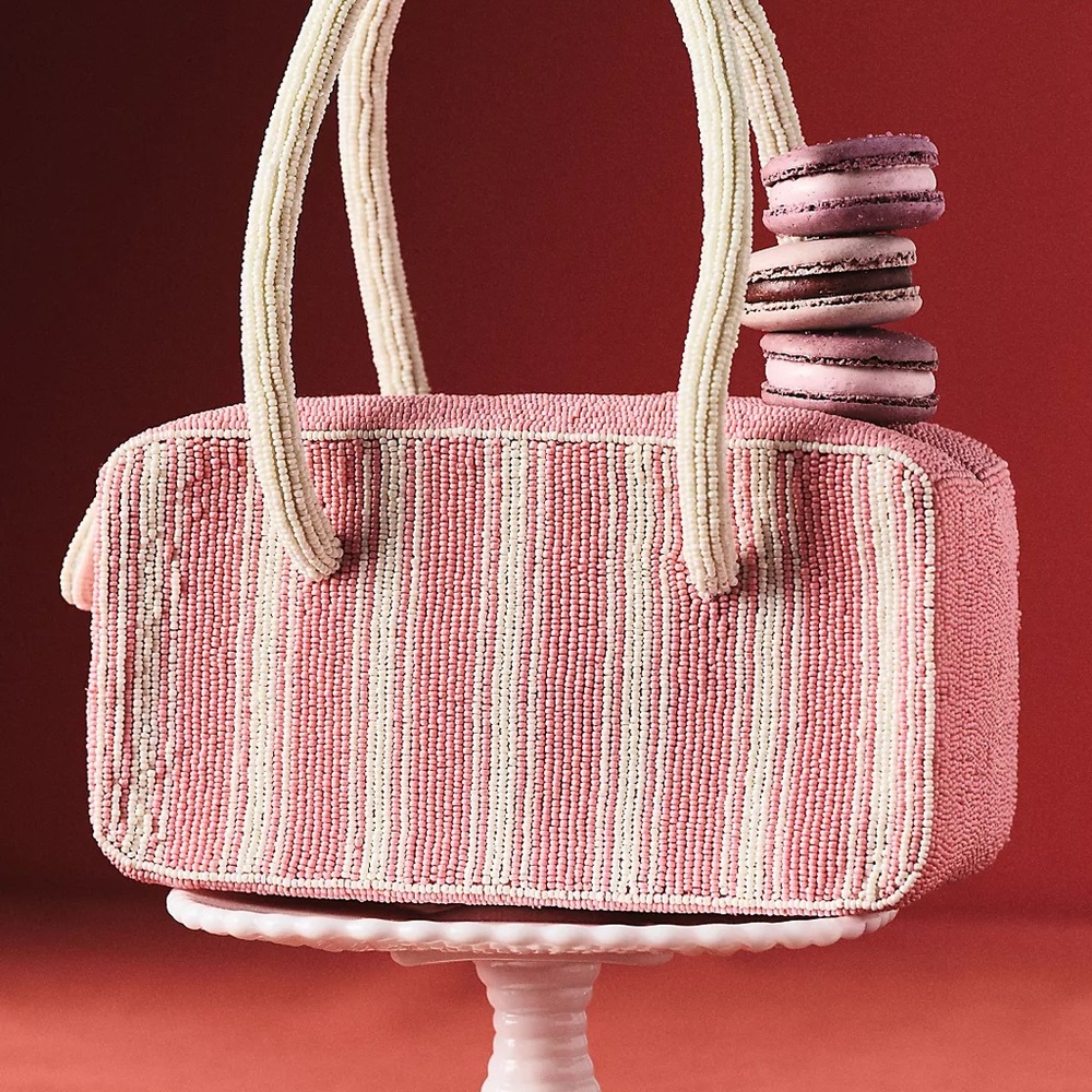 Anthropologie Pink Beaded Stripe Tote Bag - Elegant Women's Handbag - Picture 2 of 9